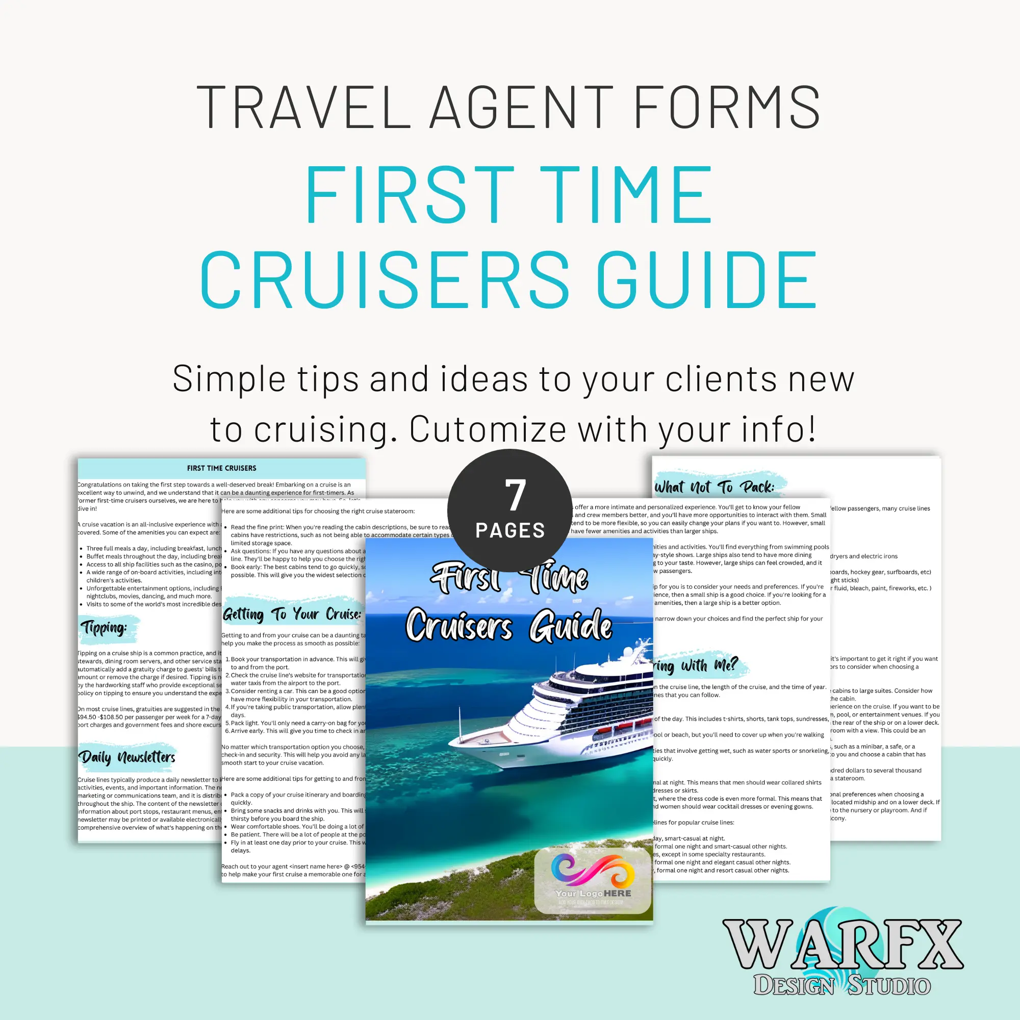 First Time Cruisers Guide: Everything You Need to Know for an Unforgettable Vacation, travel agent, Canva, editable, brochure. 